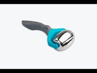 Video of Cold Therapy Massage Roller. Grey handle and teal top. 